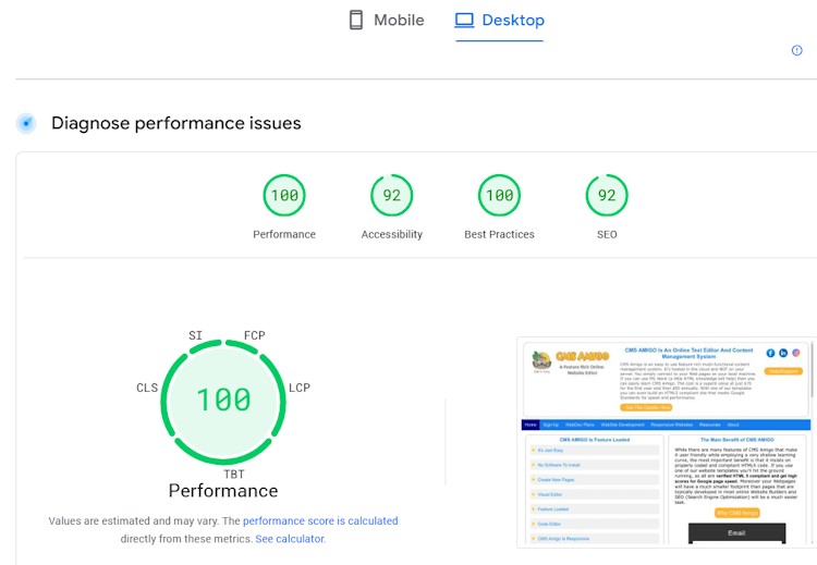 Dessktop Google Core Vitals Test Results