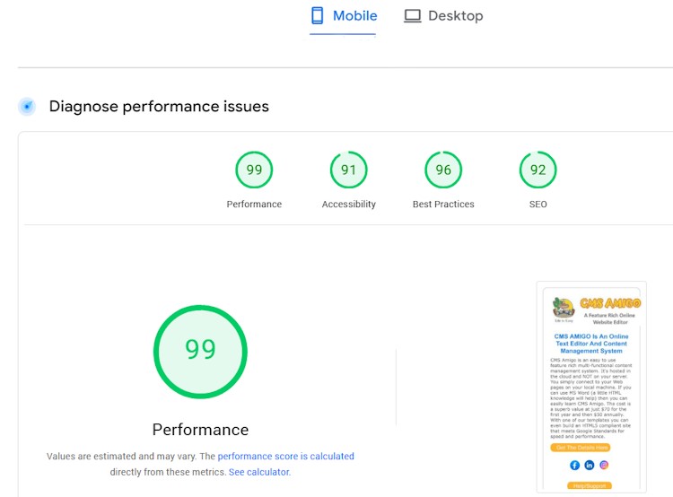 Mobile Google Core Vitals Test Results